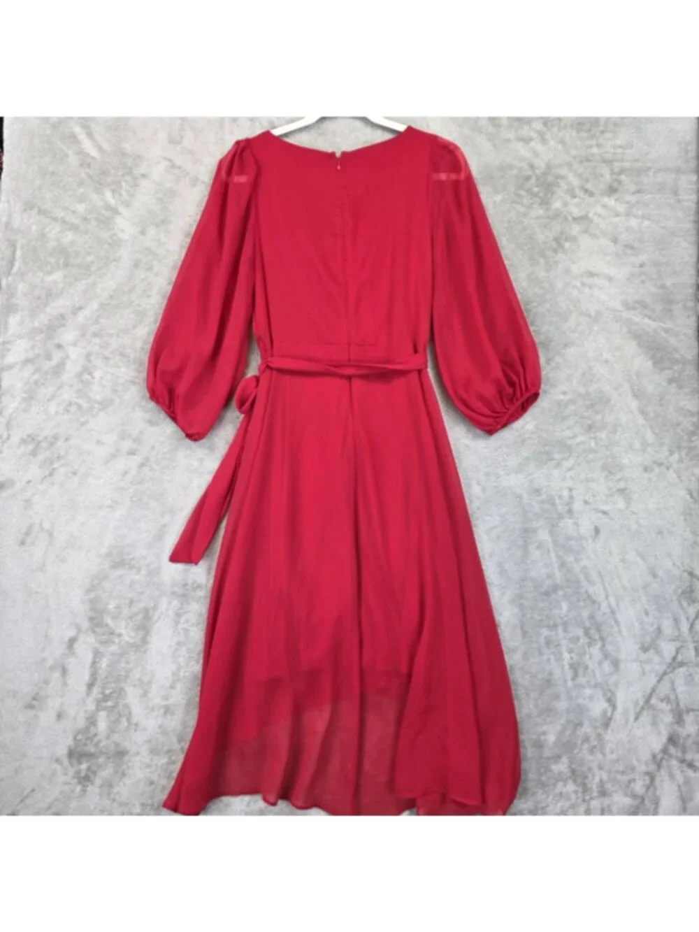 DKNY Dress Womens 6 Red Wrap V Neck Long Sleeve Chiffon Hi-Low Midi Belted